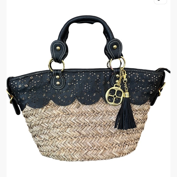 IMAN Handbags - Iman Global Chic Resort Straw & Black Faux Leather Handbag Tote Bag with Charms!